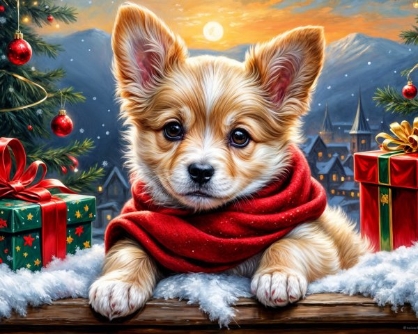 Corgi Puppy in Snow with Holiday Decorations and Gifts