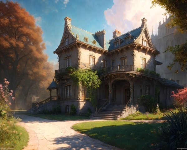 Old mansion with lush gardens in autumn sunlight