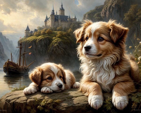 Puppies on Rocky Shore with Mountains and Castle
