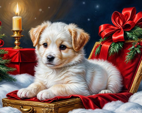 Fluffy Puppy on Plush Pillow in Festive Setting