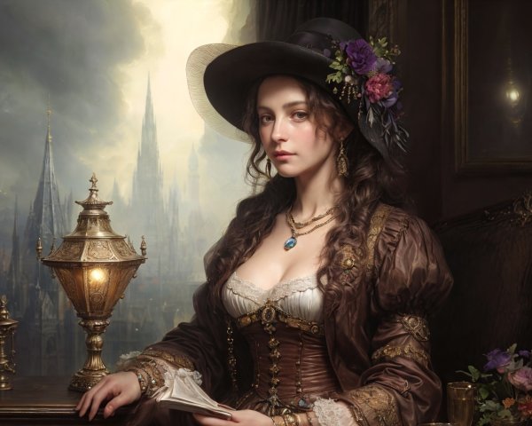 Woman in Historical Dress with Gothic Cityscape Background
