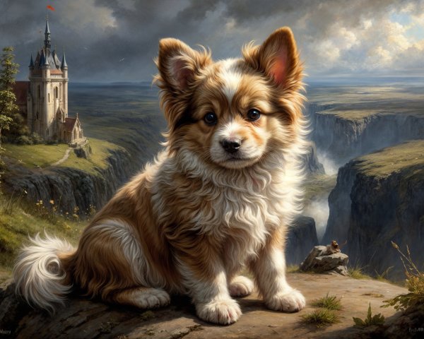 Fluffy Puppy on Rocky Ledge with Castle View