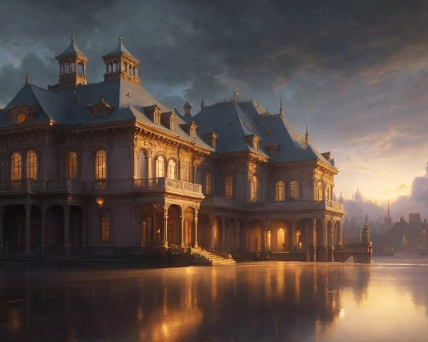 Opulent mansion with intricate architecture by water