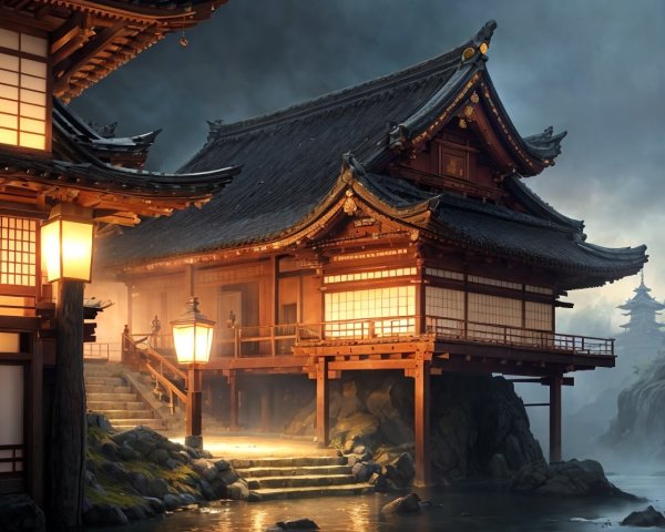 Traditional Japanese Architecture and Lantern-Lit Pathway