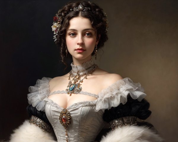 Vintage woman in ornate dress with ruffled collar and jewelry gazes forward