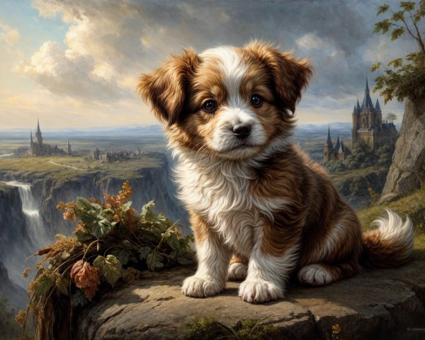 Fluffy Puppy on Rocky Ledge with Scenic Landscape