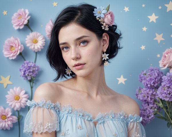Young woman in floral dress with pastel flowers backdrop