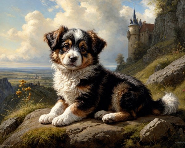 Tricolor Puppy on Rocky Outcrop with Scenic Landscape