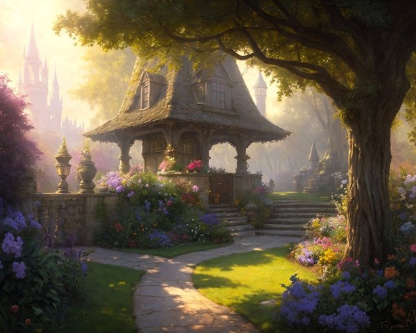 Enchanting cottage in lush garden with cobblestone path and fantasy castle at sunset