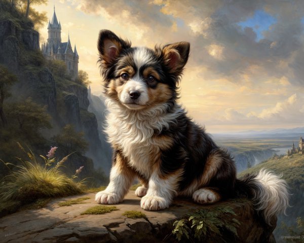 Fluffy Dog on Rocky Outcrop with Fantasy Landscape