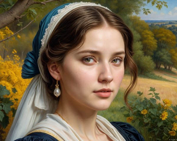 Young Woman in Traditional Dress Surrounded by Nature