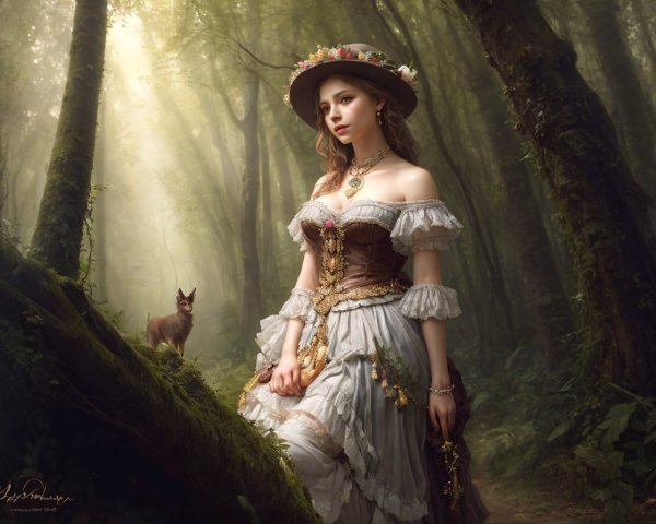 Woman in vintage dress and hat with cat in misty forest.