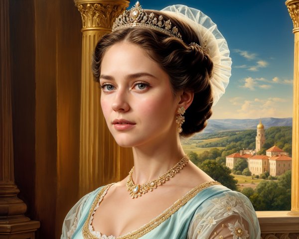 Regal Young Woman in 19th-Century Attire and Landscape