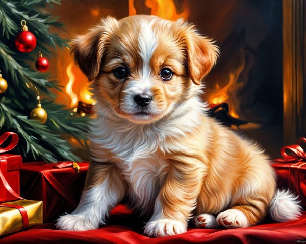 Fluffy Puppy Surrounded by Christmas Gifts and Decor