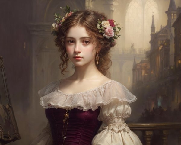 Portrait of a Young Woman in Period Dress with Wreath