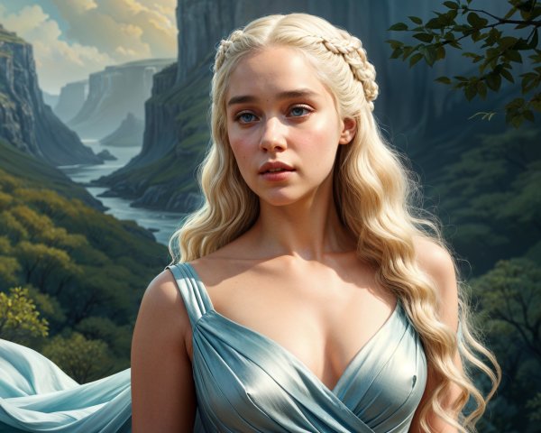 Young woman in silver gown against mystical landscape