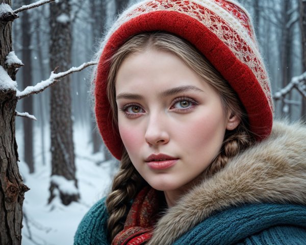 Young Woman in Snowy Forest with Red Hat and Coat