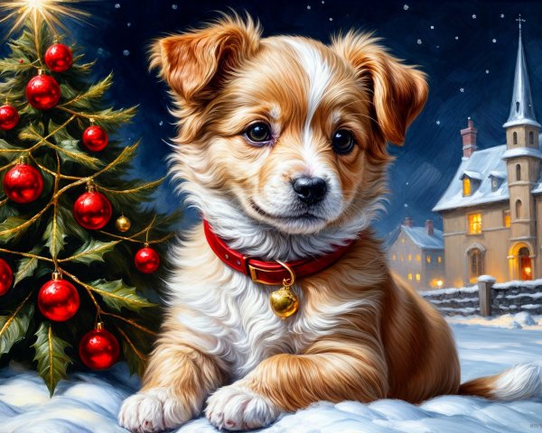 Puppy in Snowy Landscape with Christmas Tree and Village