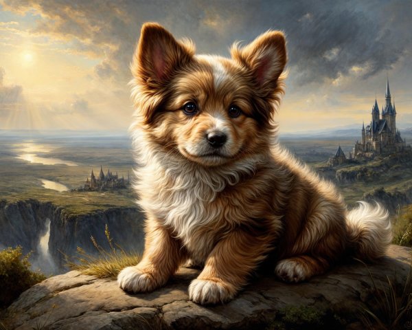 Fluffy Dog on Rocky Outcrop with Castle Background