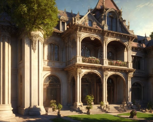 Opulent mansion with intricate architecture and gardens