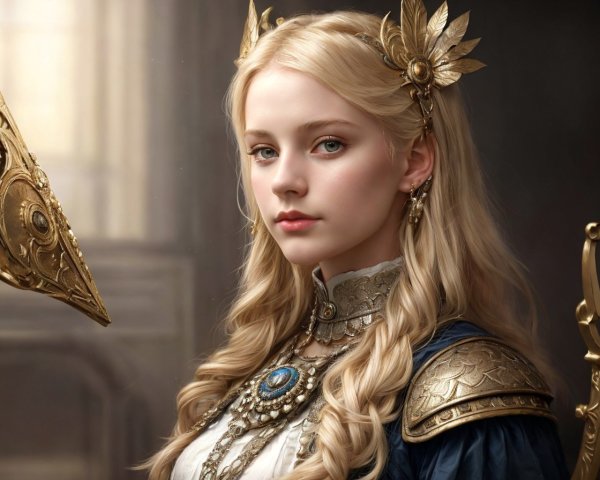 Regal Young Woman in Elaborate Golden Armor