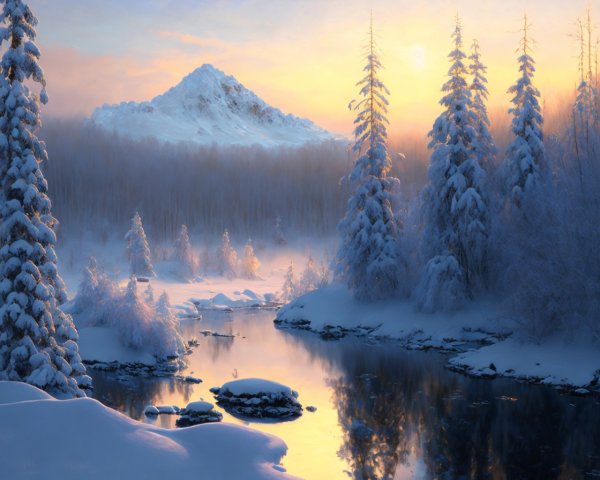 Snow-covered trees, serene river, glowing sunrise, majestic mountain