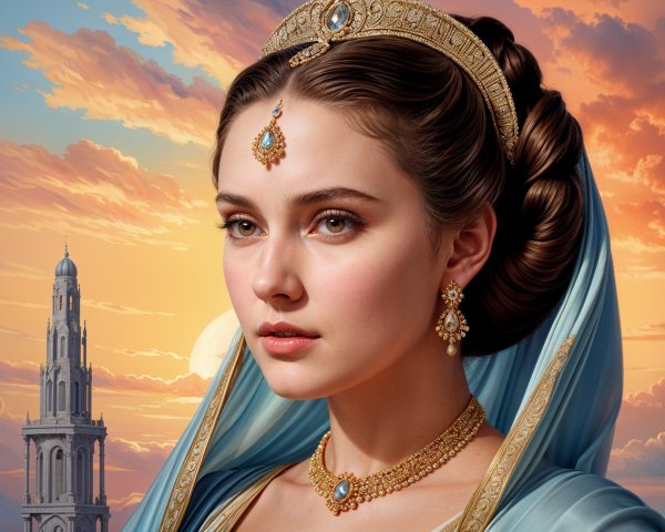 Young Woman in Regal Outfit Against Vibrant Sunset
