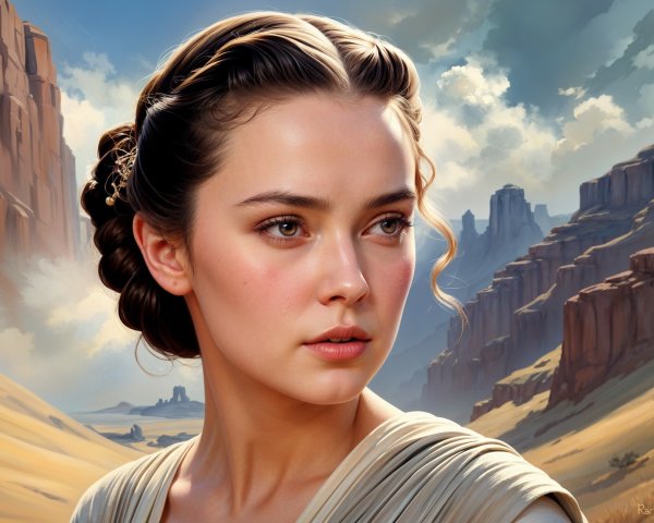 Young woman in elegant updo against scenic landscape