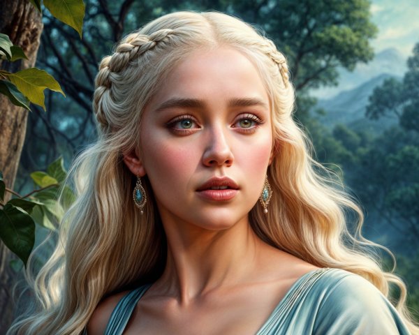 Young woman with blonde hair in a serene landscape