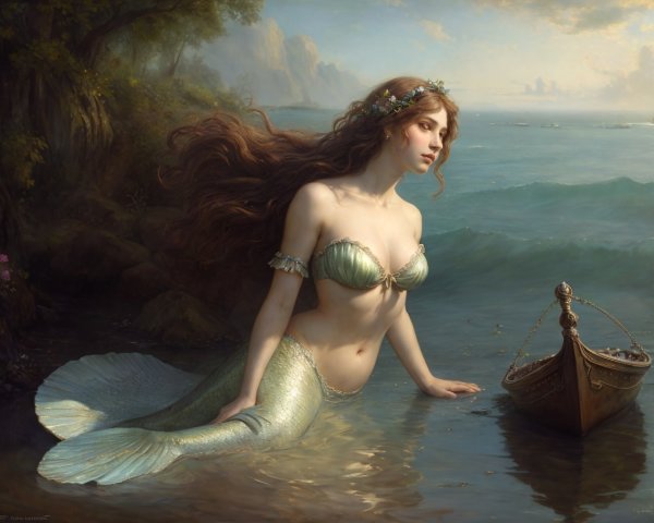 Mermaid by the Water with Misty Cliffs and Ships