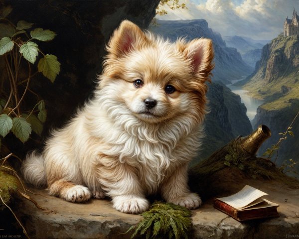 Fluffy Pomeranian Puppy on Mossy Rock in Nature