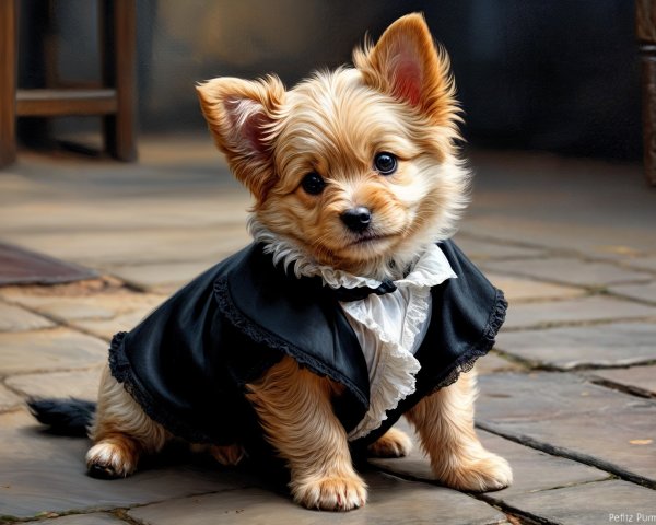 Fluffy Tan Puppy in Stylish Outfit on Cobblestone Floor