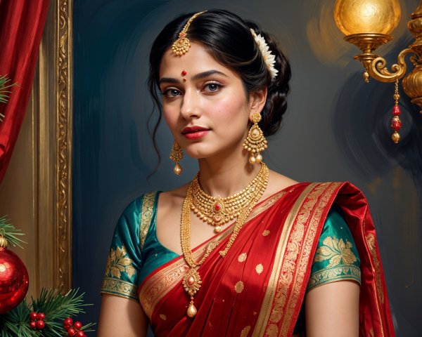 Young Woman in Vibrant Saree with Elegant Jewelry