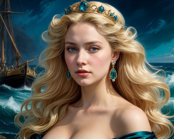 Young Woman with Crown and Tall Ship in Background