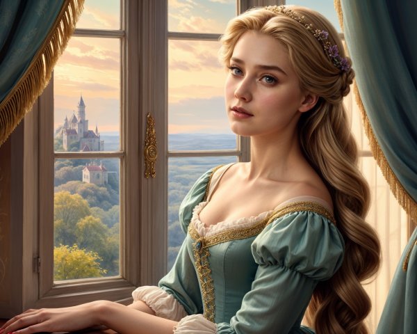 Young Woman in Turquoise Gown by Castle Window