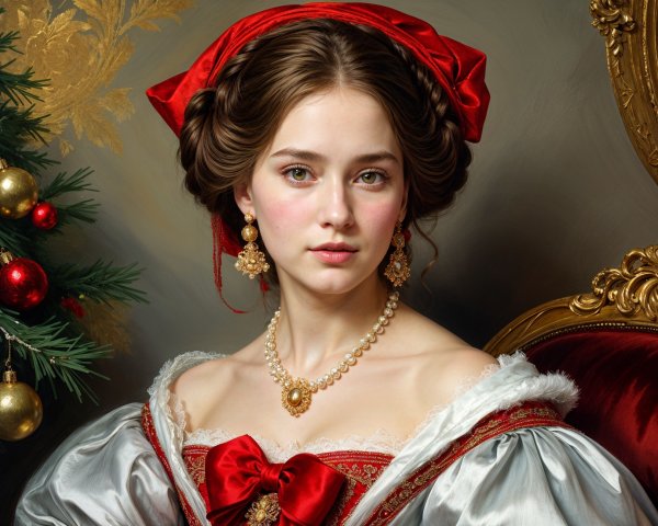 Young Woman in Historic Gown with Christmas Tree