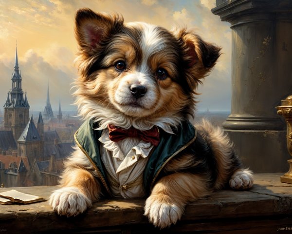 Puppy in Green Jacket Against Cityscape Background