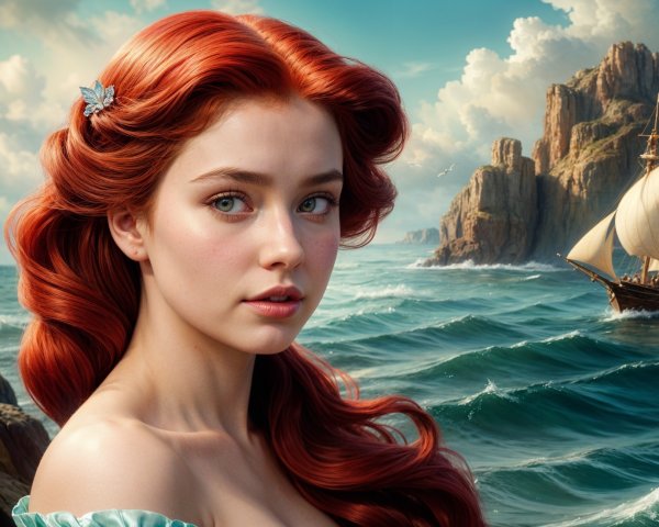 Young woman with red hair at scenic coastline