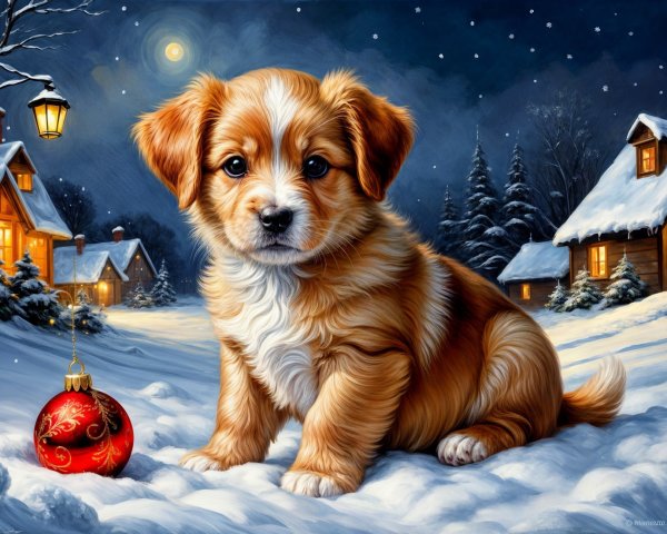 Fluffy Orange and White Puppy in Snowy Landscape