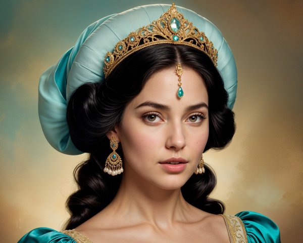 Young woman in turquoise gown with golden tiara