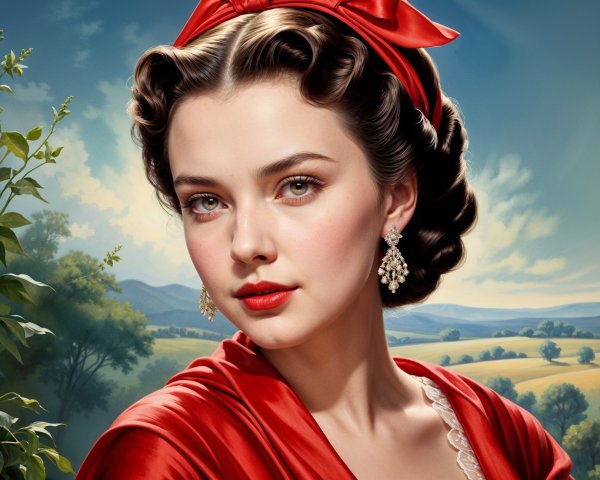 Elegant Woman in Red Dress Against Serene Landscape