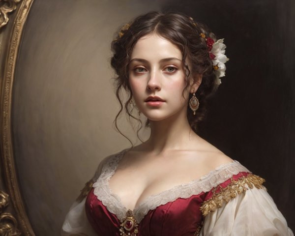 Young woman in historical dress with ornate earrings and flower-adorned hair.