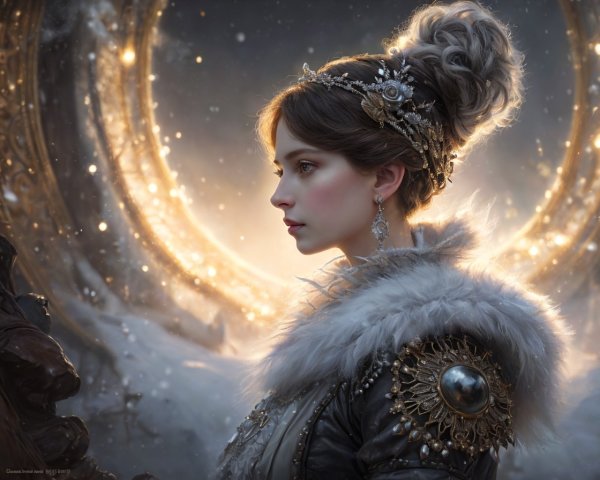 Regal woman with jeweled tiara in snowy setting
