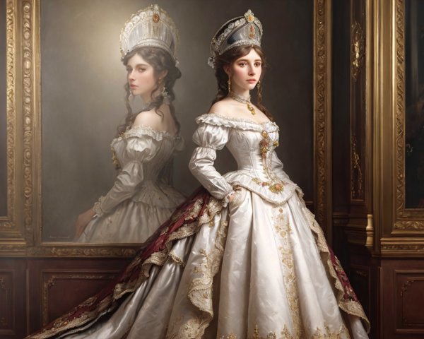 Elegant woman in historical white gown with gold accents and headdress mirrored.