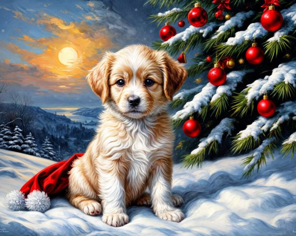 Fluffy Puppy in Santa Hat Among Snowy Landscape