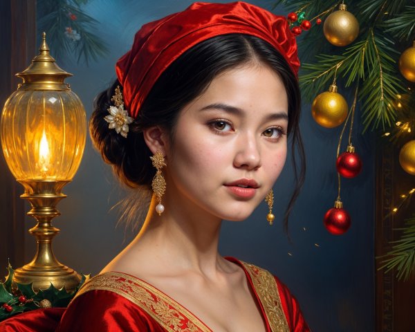 Young woman in red gown poses with festive decor