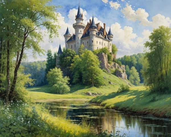 Majestic castle on a green hill with serene river