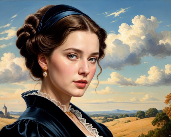 Young Woman in Classic Dress Against Serene Landscape