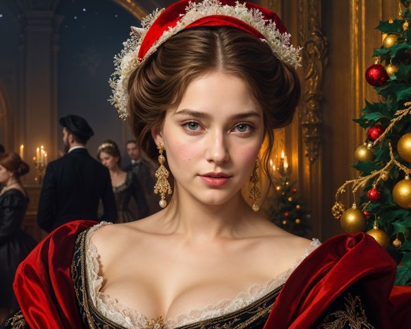 Young Woman in Elegant Red Gown in Festive Room