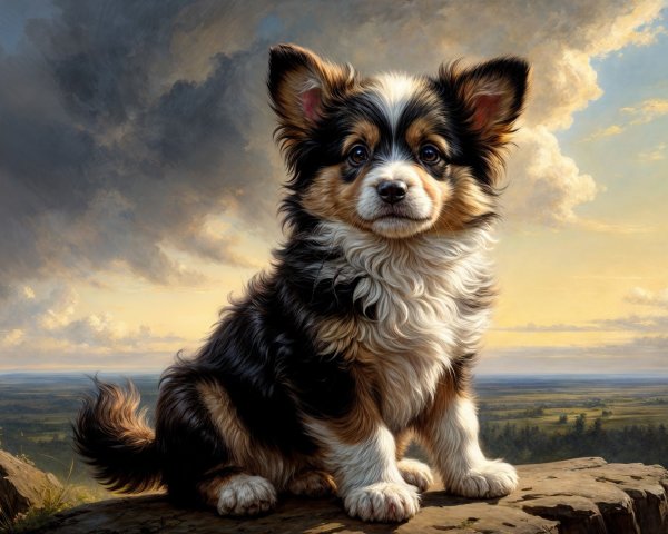 Fluffy Puppy on Rocky Ledge with Scenic Background